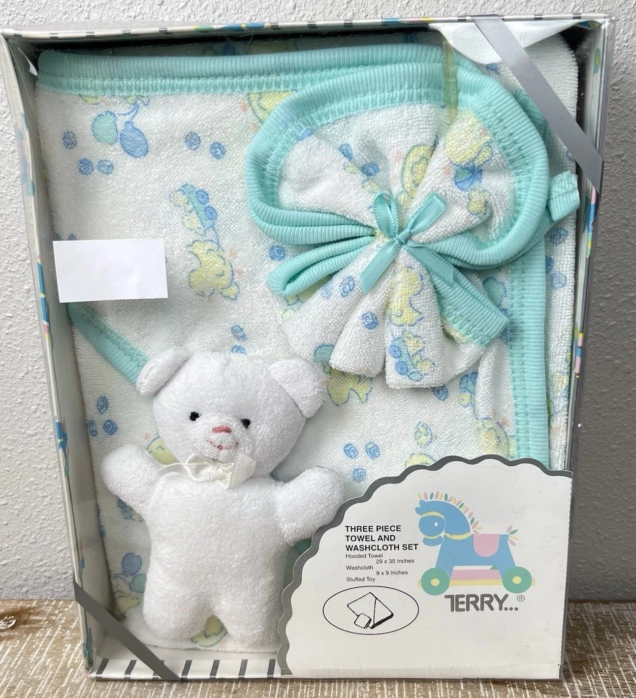 Vintage Boxed TERRY Three Piece Set Hooded Towel Washcloth Teddy Bear Infant
Opens in a new window o