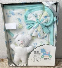 Vintage Infant Bath Set Boxed TERRY Three Piece Hooded Towel Washcloth Bear NOS