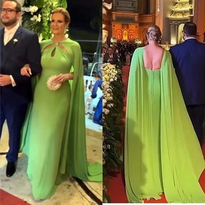 Elegant Limen Green Evening Dresses Cape Sleeves Chiffon Long Formal Occasion