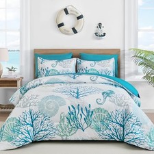Coastal Comforter Set Beach Themed Comforter,7 Pieces Queen Coral Seahorse