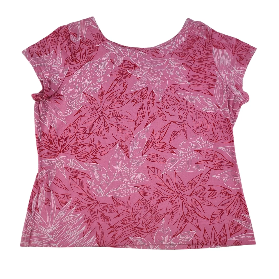 Pink Floral Shirt Womens PM Medium Petite White Red Cap Sleeve Round Neck Comfy - Image 2 of 4