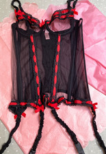 Agent Provocateur S basque sheer black red ribbons suspenders NEW 32B 34A bra