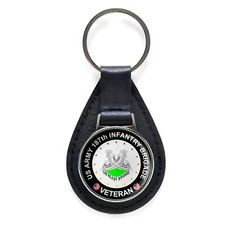 US Army 187th Infantry Brigade Veteran Black Leather Keychain Silver Keyring