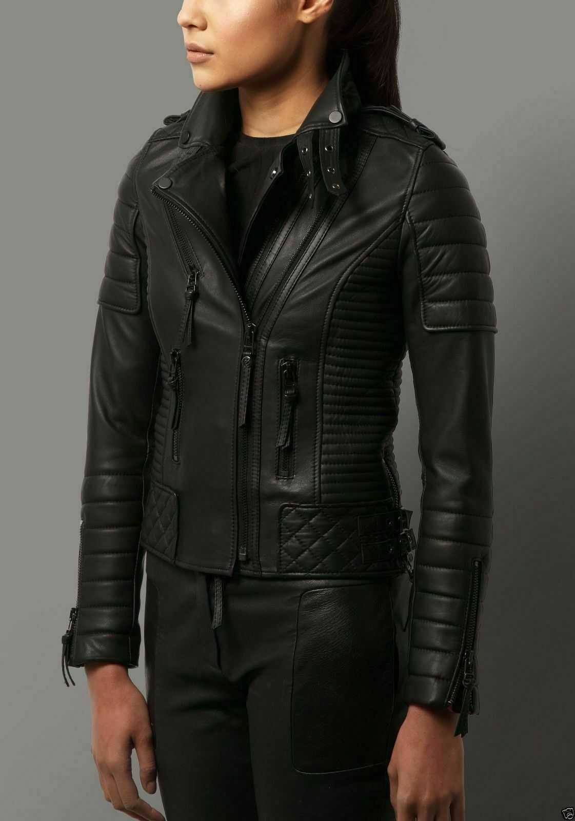 Women's Black Biker Jacket Motorcycle Authentic Leather Racer Soft Lambskin New