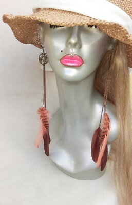 Feather Earrings Long Pendant Hair Extension Chain Boho Jewelry Tan Brown Peach