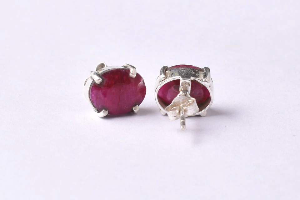 Handcrafted 925 Sterling Silver Ruby Gemstone Prong Set Stud Earrings Women Wear - Image 3 of 4