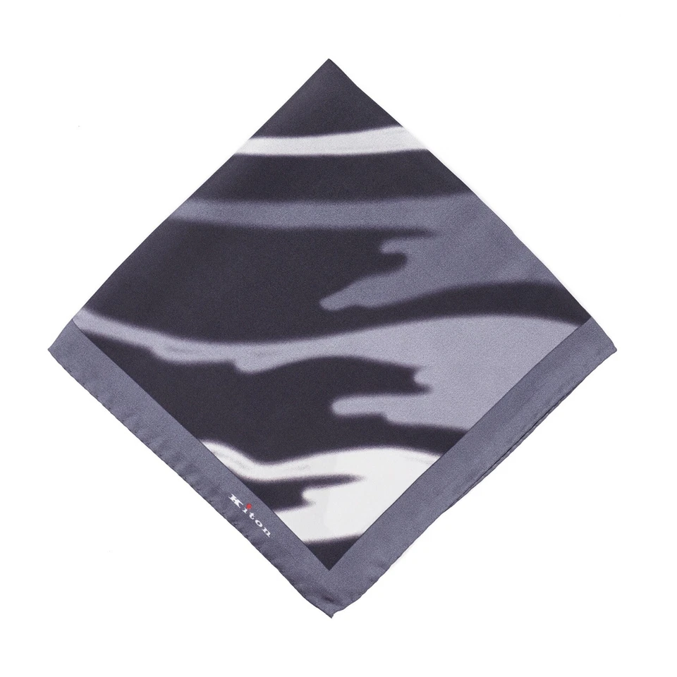 Kiton Napoli Black-Gray-Blue Abstract Watercolor Print Silk Pocket Square - Image 2 of 4