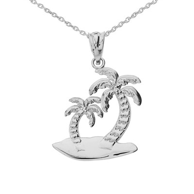 Solid 14k White Gold Palm Tree Pendant 