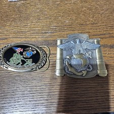 USMC Iwo Jima Belt Buckle by Aminco/Heritage Solid Brass 1983 plus coin see decp