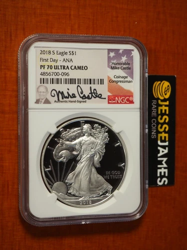 2018 S PROOF SILVER EAGLE NGC PF70 ULTRA CAMEO MIKE CASTLE FIRST DAY ISSUE ANA