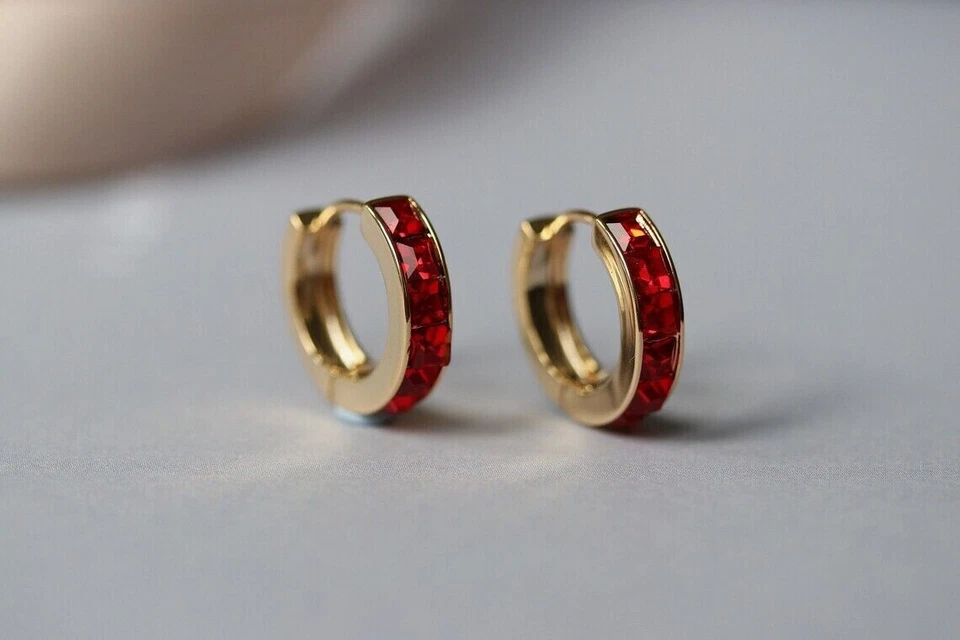 2.10Ct Created Red Ruby Princess Cut Huggie Hoop Earrings 14K Yellow Gold Finish - Image 3 of 4