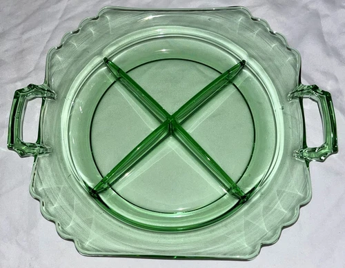 FOSTORIA Green MAYFAIR 4-Part Handled RELISH Dish - VINTAGE Depression Glass
