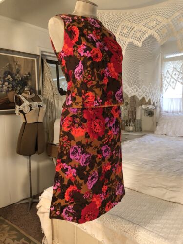 Vtg 60’s Skirt Top Set Dress Stanton Jrs Petite Sm 6 Purple Red Coral Floral - Picture 3 of 9