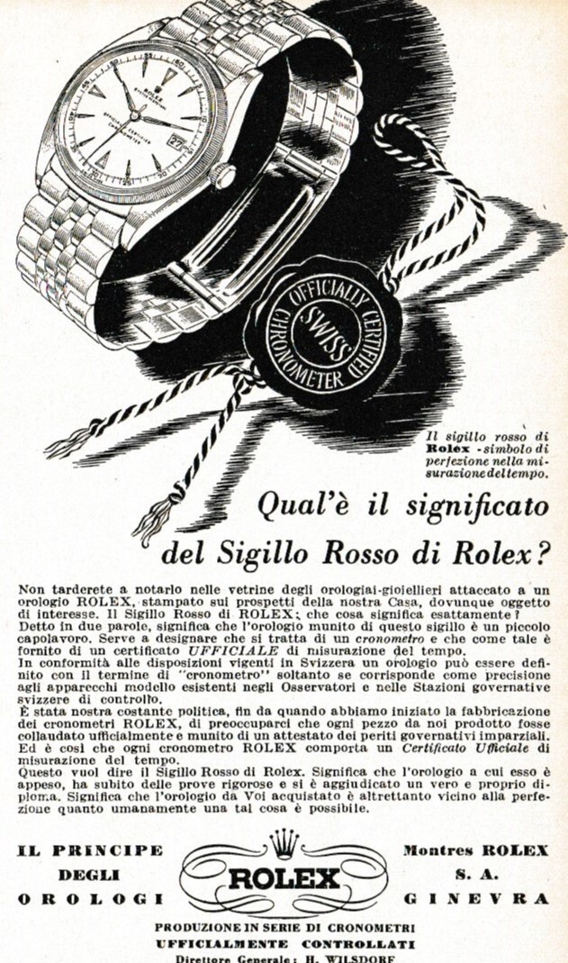 1953 ADVERTISEMENT ROLEX DATEJUST OYSTER PERPETUAL STOPWATCH MOD. 6305 SIG. ROSSO
