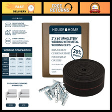 Elastic Webbing Repair Kit for Sofas, 2" x 60ft, Heavy-Duty Clips Included