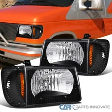 Black Fits 1992-2007 Ford Econoline Headlights+Turn Signal Corner Lamps Pair