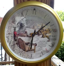 NM Young Town Quartz Christmas Carol Clock 8" Diam Winter Snow Scene, Alan Giana