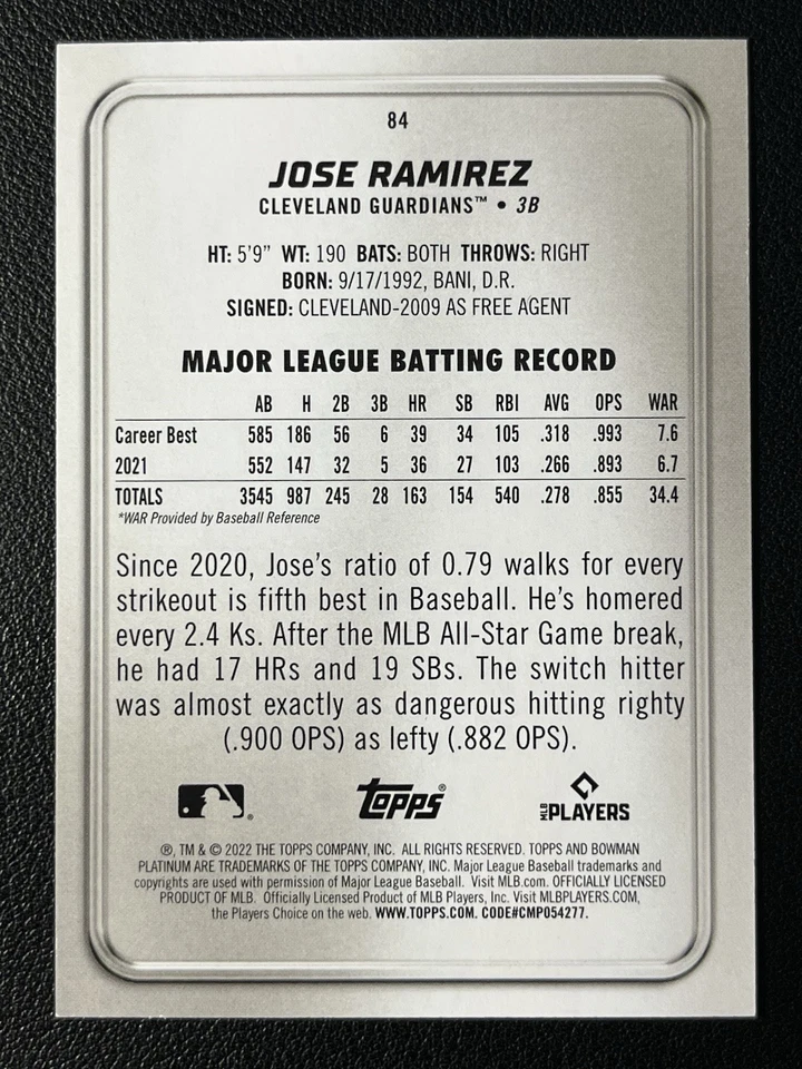 2022 Bowman Platinum Jose Ramirez 06/99 Green Ice Foil Cleveland Guardians - Image 3 of 3