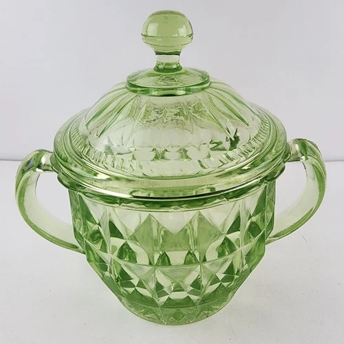 Cubist UV Glass Uranium Depression Green Sugar Bowl with Lid Vintage