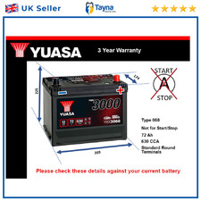 Car Battery YBX3068 Yuasa 068 630A 72Ah 3Yr Warranty 269x174x225 SMF