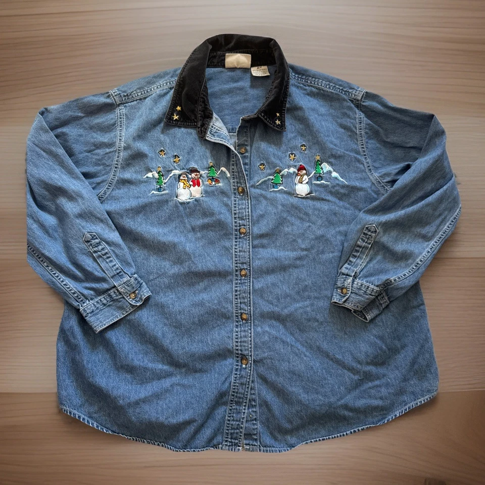 Camisa vaquera vintage talla grande bordada Navidad muñecos de nieve con botones 24W Foto 4 de 4