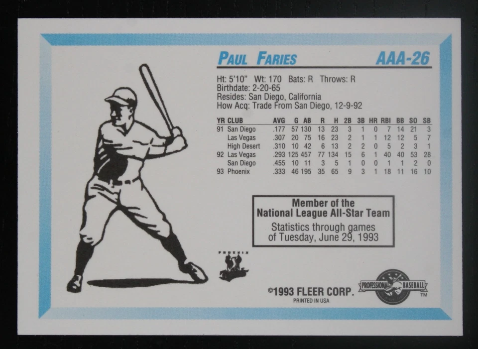 AUTOGRAPHED - Paul Faries Fleer #AAA-26 Phoenix Firebirds 1993 AAA - Image 2 of 2