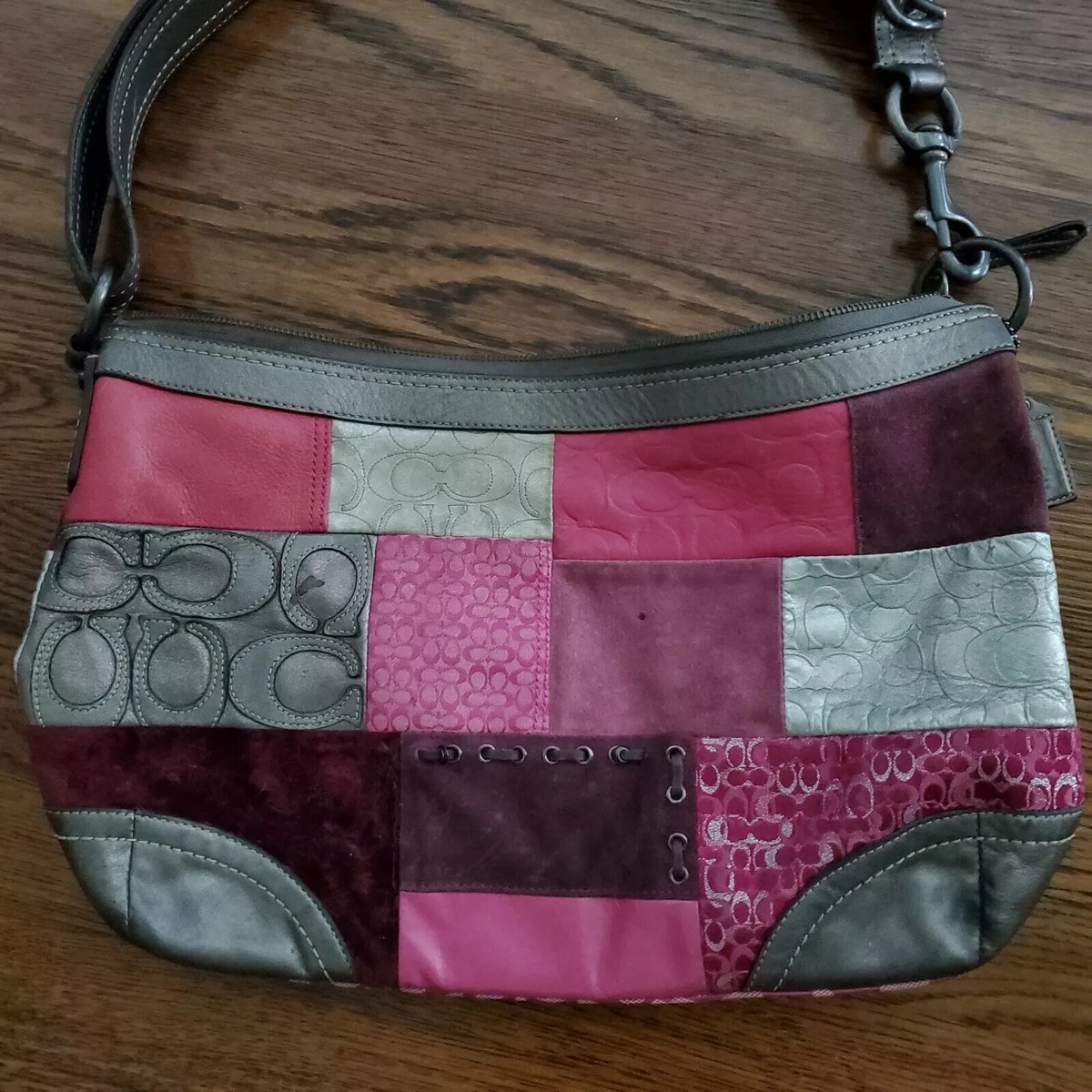 バッグ Coach Soho Patchwork Shoulder Bag Pink COACH SOHO Patchwork Crossbody Handbag Monogram C Bag Suede