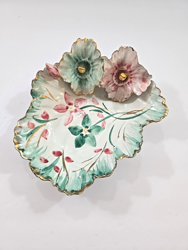 Vintage Italian Pottery Hand Painted Candy Mint Dish Applied Flowers Italy - Picture 7 of 10