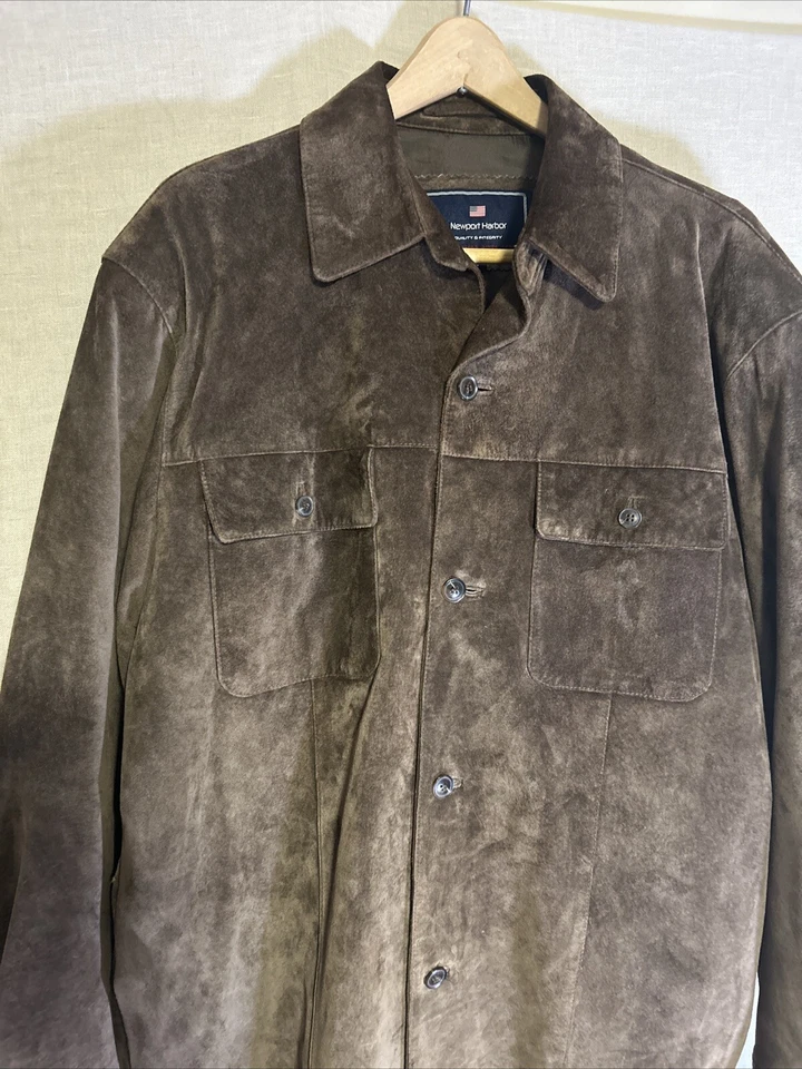 Newport Harbor Mens Suede Jacket Brown Washable Coat Button Up Lined Pockets L - Image 2 of 4