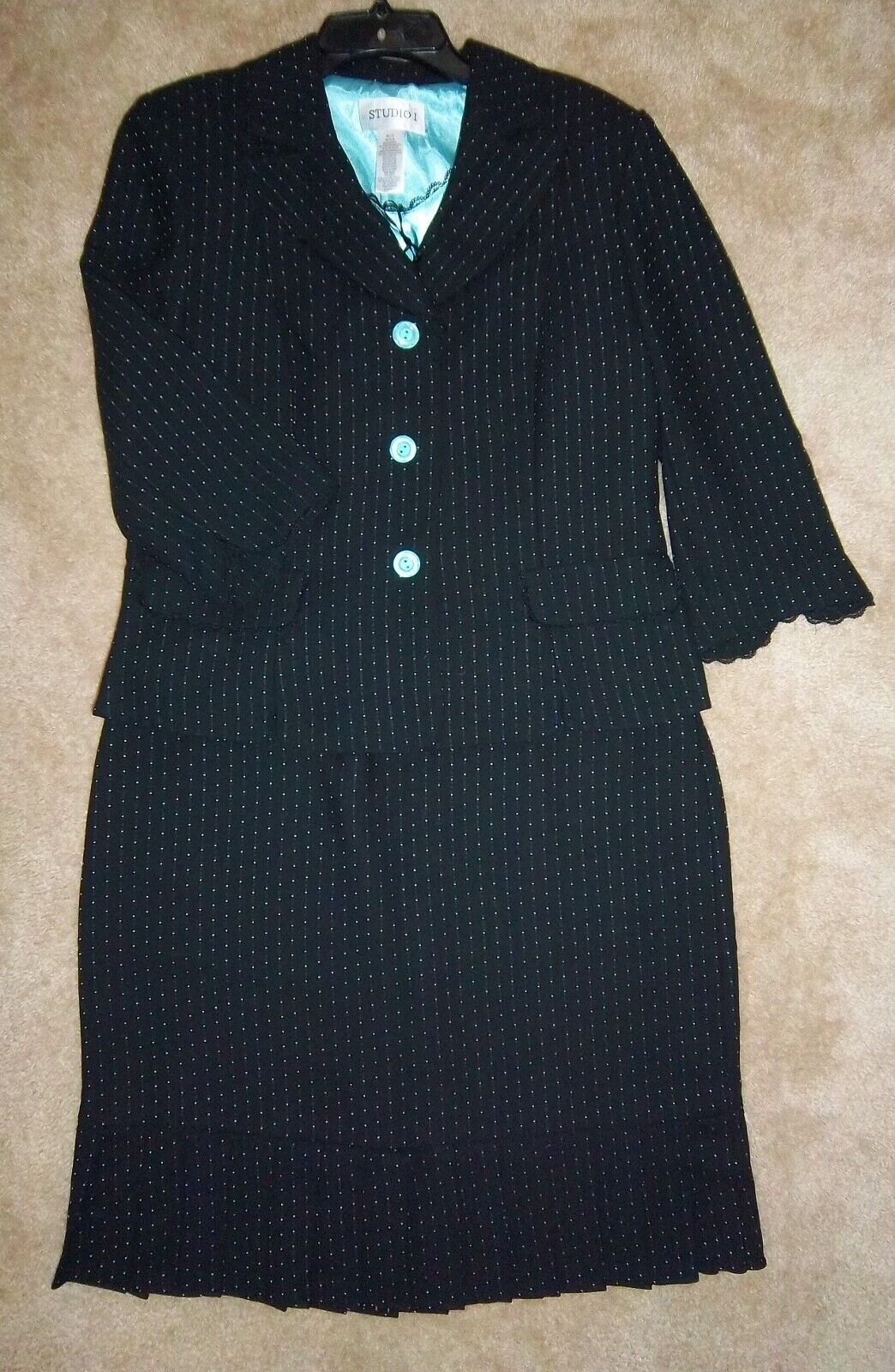 3 Piece Midnight Blue Dotted Skirt Suit Turquoise… - image 1