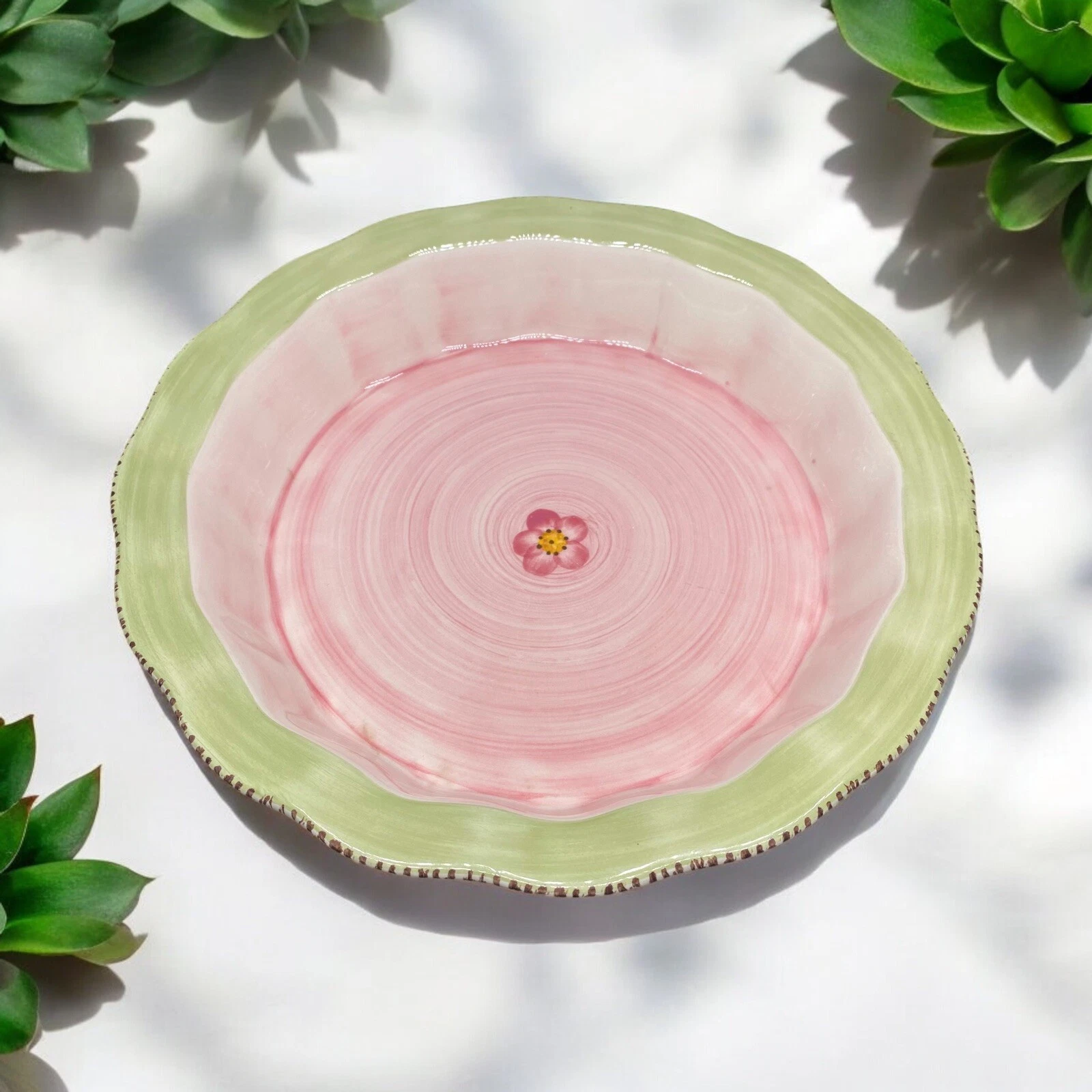 Franciscan Flora Hand Painted Earthenware Pie Plate Ruffled Edge Mint Green Pink