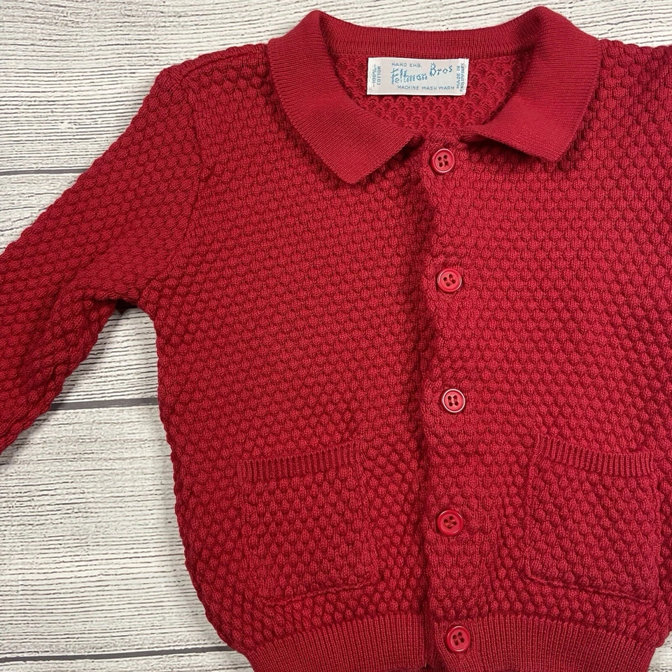 Cárdigan tejido palomitas de maíz cuello rojo vacaciones Feltman Brothers abotonado 6 meses Foto 3 de 4