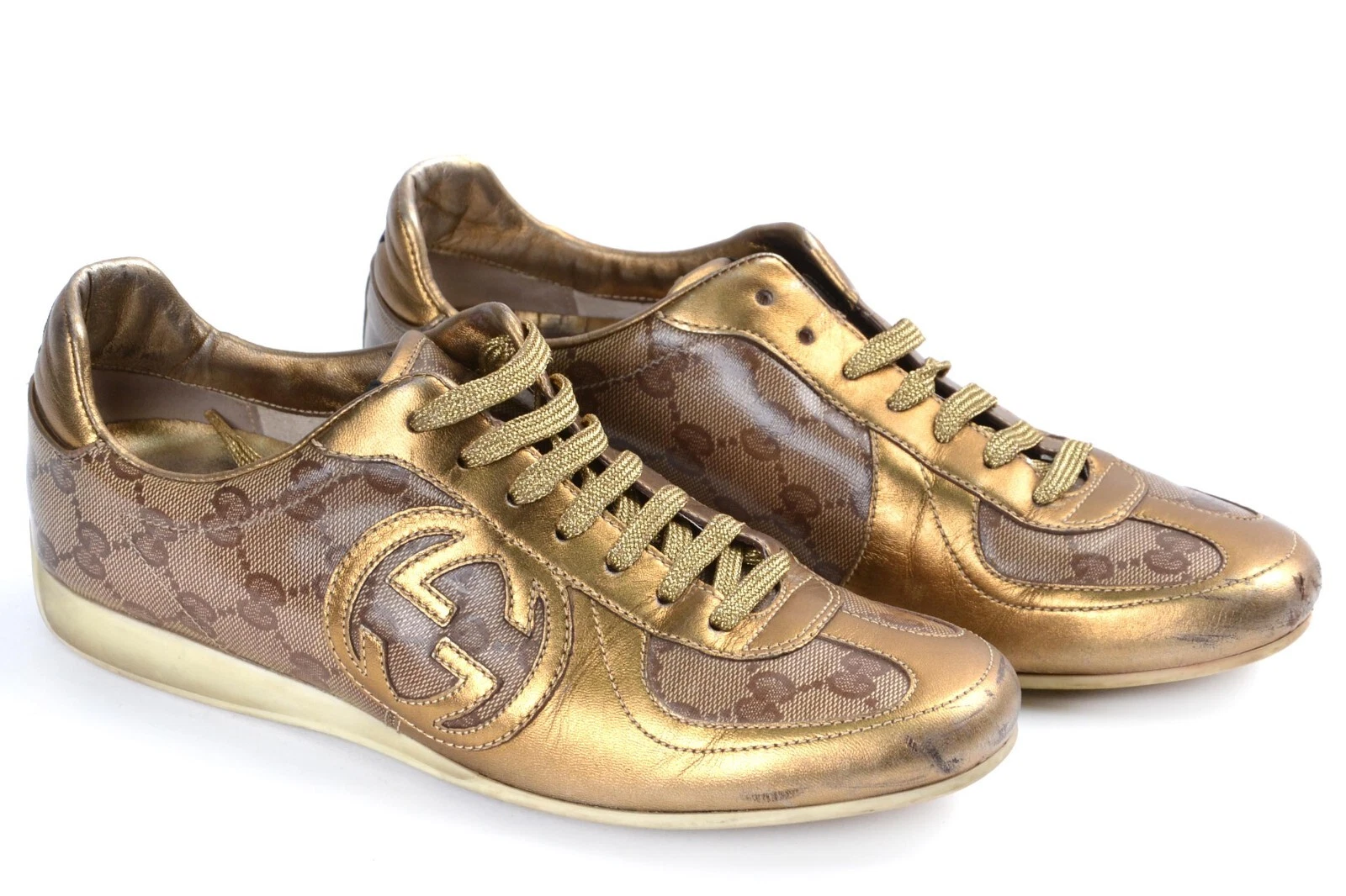 BASKETS D'ENTRAÎNEMENT GUCCI CUIR DORÉ ET LOGO TOILE FEMME TAILLE US 5