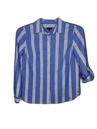 Camisa de mujer Talbots, talla 8P, azul, con rayas blancas, manga pestaña - Imagen 2 de 5