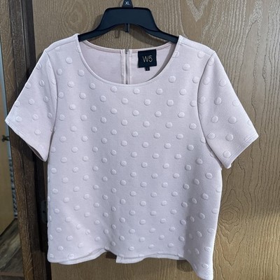 Anthropologie W5 Women's Textured Polka Dot Pink Zippered Back Blouse Size Large