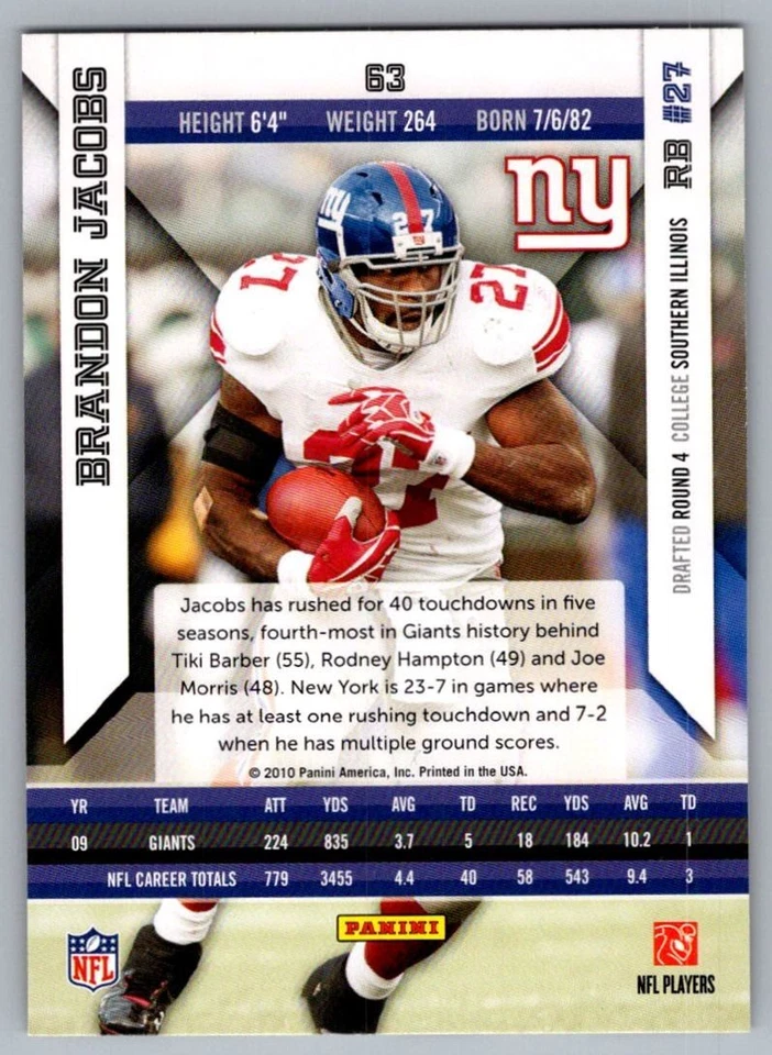 2010 Panini Epix Brandon Jacobs New York Giants #63 - Image 2 of 2