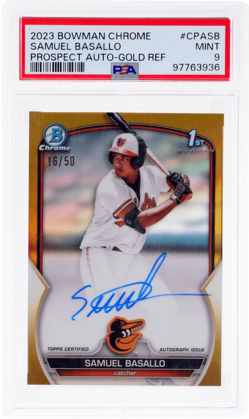 2023 Bowman Chrome Samuel Basallo Prospect Auto Gold Refractor #CPASB /50 PSA 9