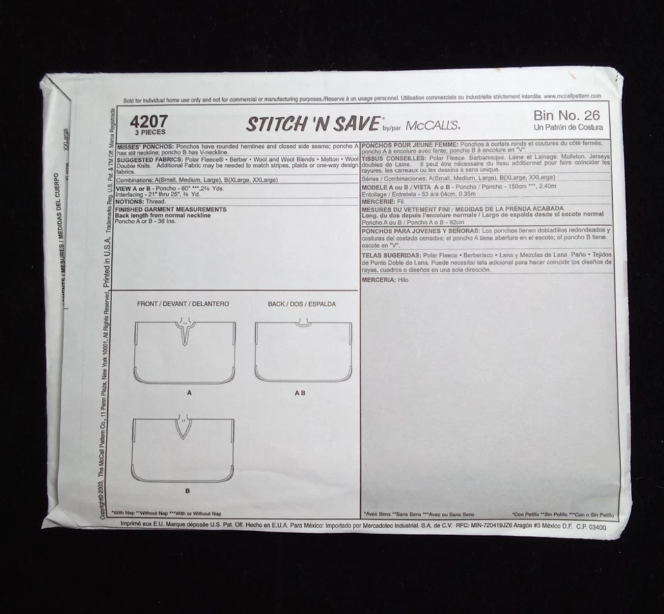 McCALL'S Stitch n Save Easy Pattern 4207 Misses Plus Size 20-26 Pullover Ponchos - Image 4 of 4