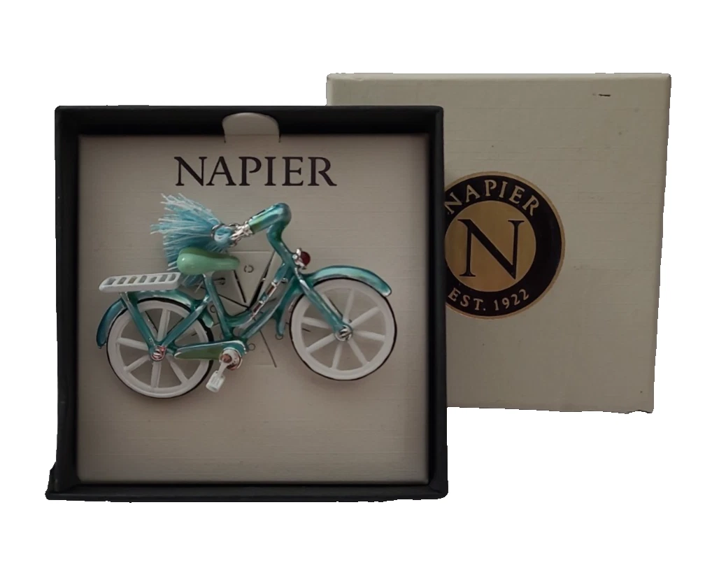 Napier Bicycle Brooch Pin Teal Bike Turquoise Retro Silver Tone New Box Damage