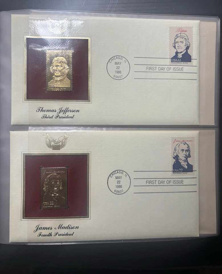Réplicas doradas de estampillas de presidentes de Estados Unidos de 1986 superficie de oro de 22 kt 36 tarjetas en carpeta Foto 4 de 4