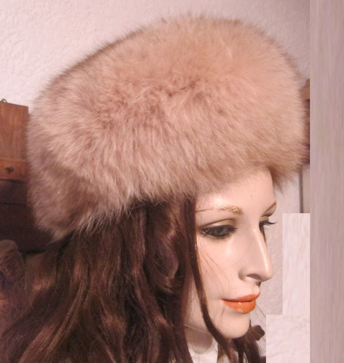 alte Pelzkappe Pelzmütze beige mit braun  Pelz Hut buschig Vintage Gr. 54