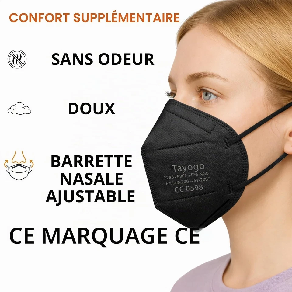 50 Masques FFP2 Tayogo CE Noir 5 Couches Jetables - Photo 4/4