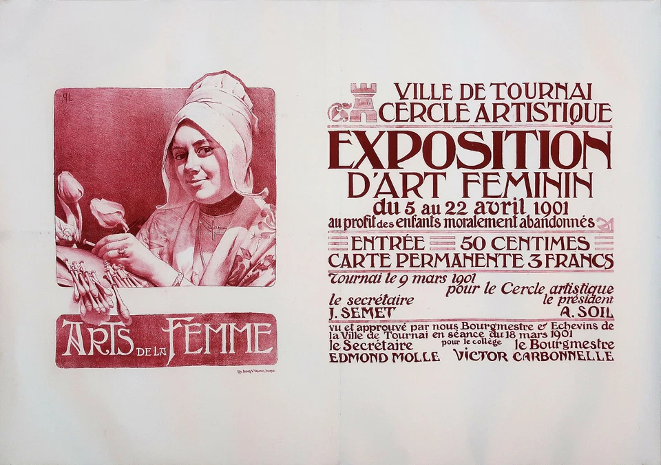 Exposition d`Art Feminin, Tournai 1901, Orig. Lithographie, Linnen backed