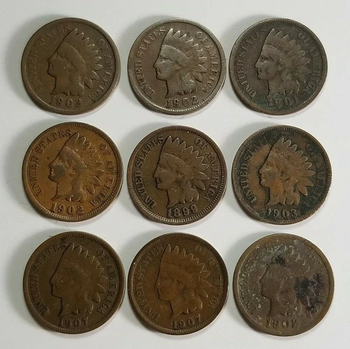 Lot of NINE INDIAN HEAD CENTS Small Penny GOOD+ 1899 1902 1903 1907 1901