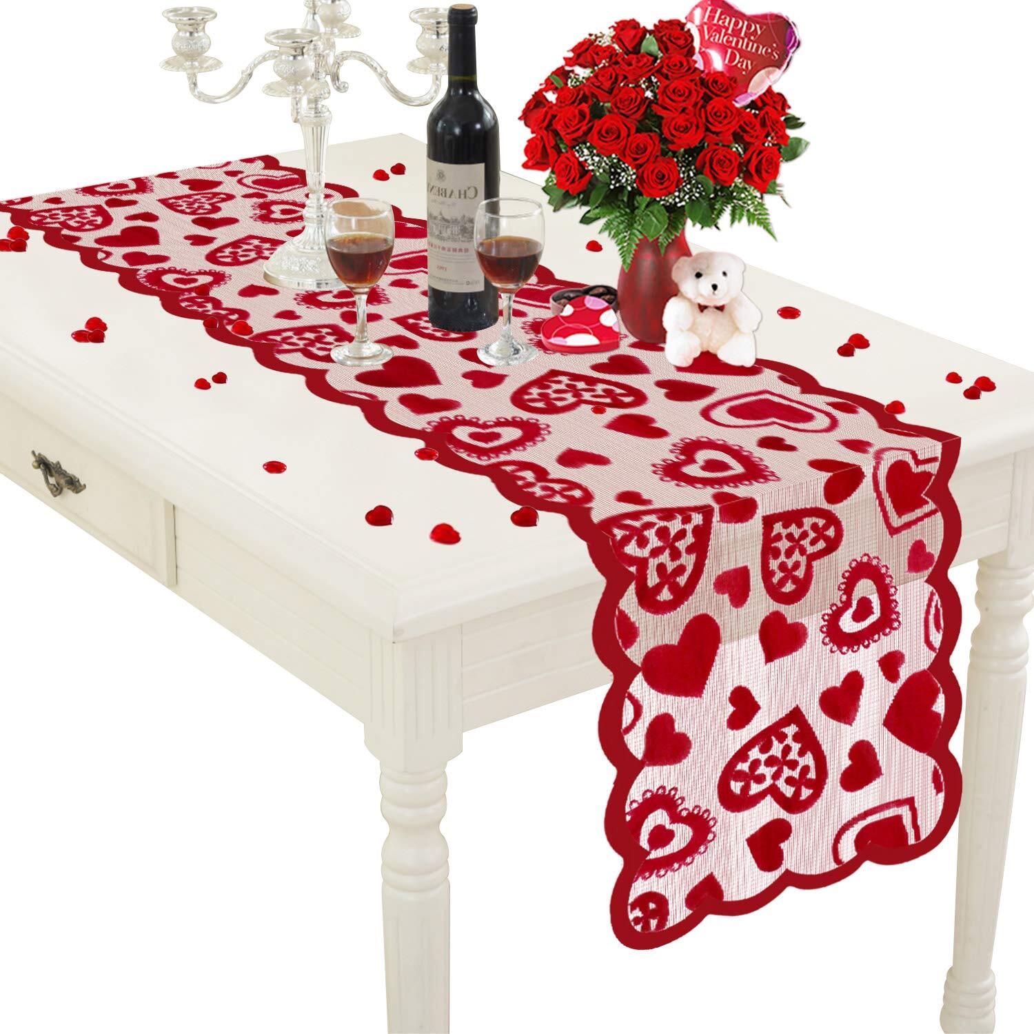 Valentines Day Decor Table Runner 13 x 72 Inch Red Lace Table Runner for Wedding