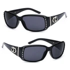 Fashion Womens Rhinestones Studded Narrow Rectangular Sunglasses Black CG04