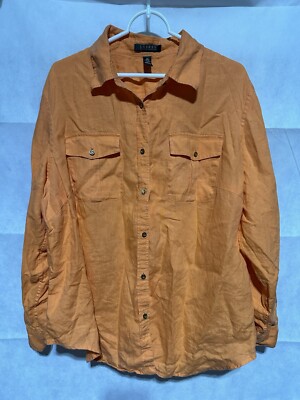 VTG Ralph Lauren Women s 2X Linen Button Down Shirt Roll Tab Sleeve Orange Crest