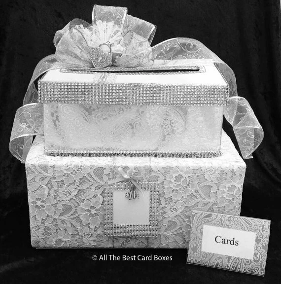 Caja de tarjetas de boda, blanco, decoración de boda, dos niveles, personalizado, plata, tiene capacidad para 80 tarjetas Foto 3 de 4