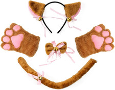 Cat Cosplay Costume Kitten Ears Tail Collar Paws 5 Pack Brown