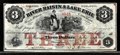 #ad #ad July 9 1863 Monroe Michigan River Raisin amp; Lake Erie Rail Road $3 Obsolete Note $225.00